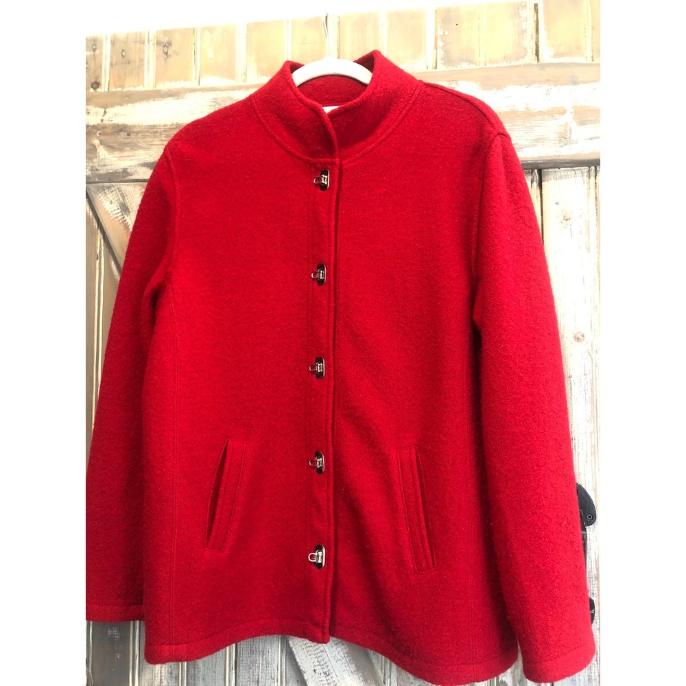 Vtg Talbots Red 100% Boiled Wool jacket mid-length Mock Neck silver clasp M